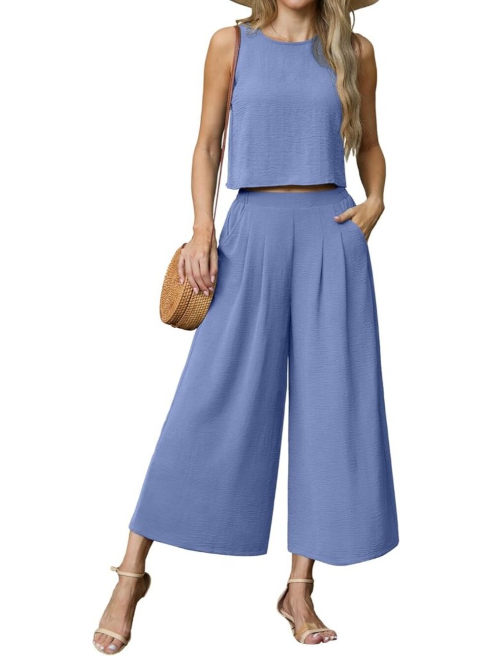 Women's Blue Summer 2 Piece Outfits Sleeveless Crop Top Flowy Wide Leg Pants